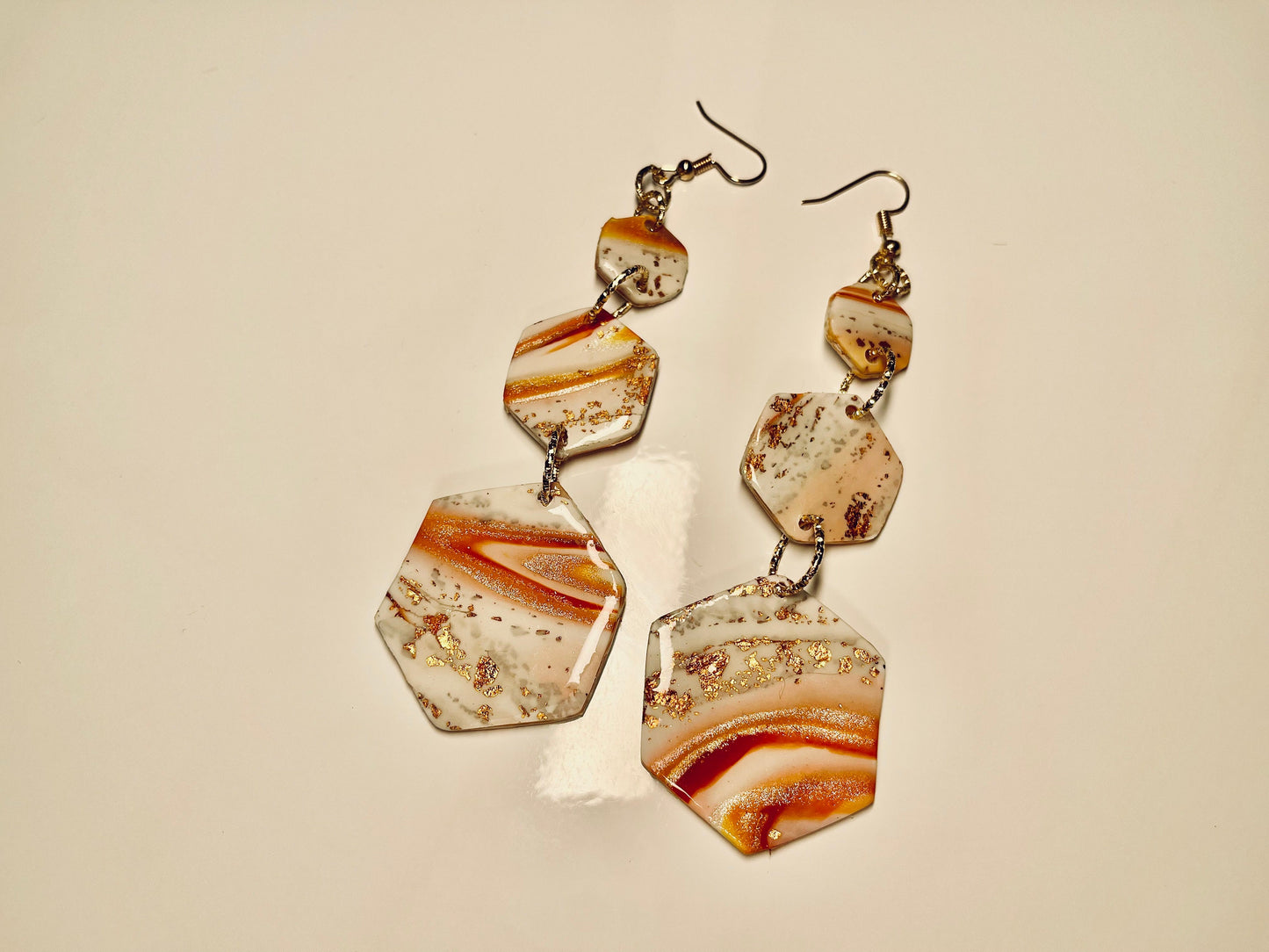 Orange and White Calcite Look Dangle Earrings, Statement Earrings, Polymer Clay, Hypoallergenic, Lightweight, Great Gift for Mom or Friends