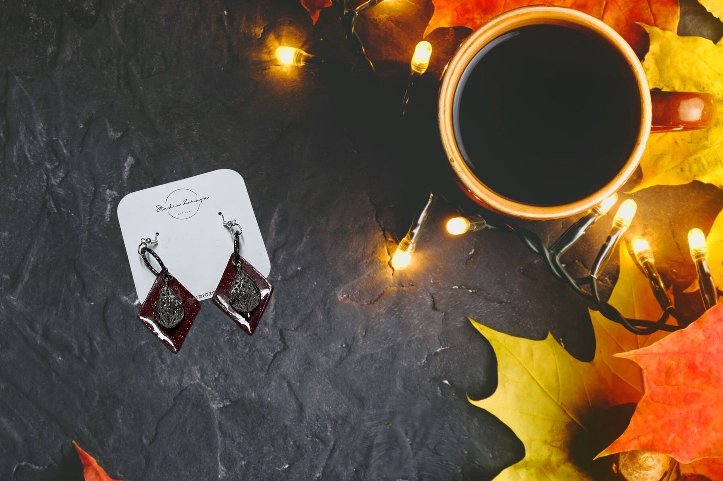 Maroon and Silver Leaves Dangle Earring, Statement Earrings, Polymer Clay, Hypoallergenic, Lightweight, Great Gift for Mom or Friends