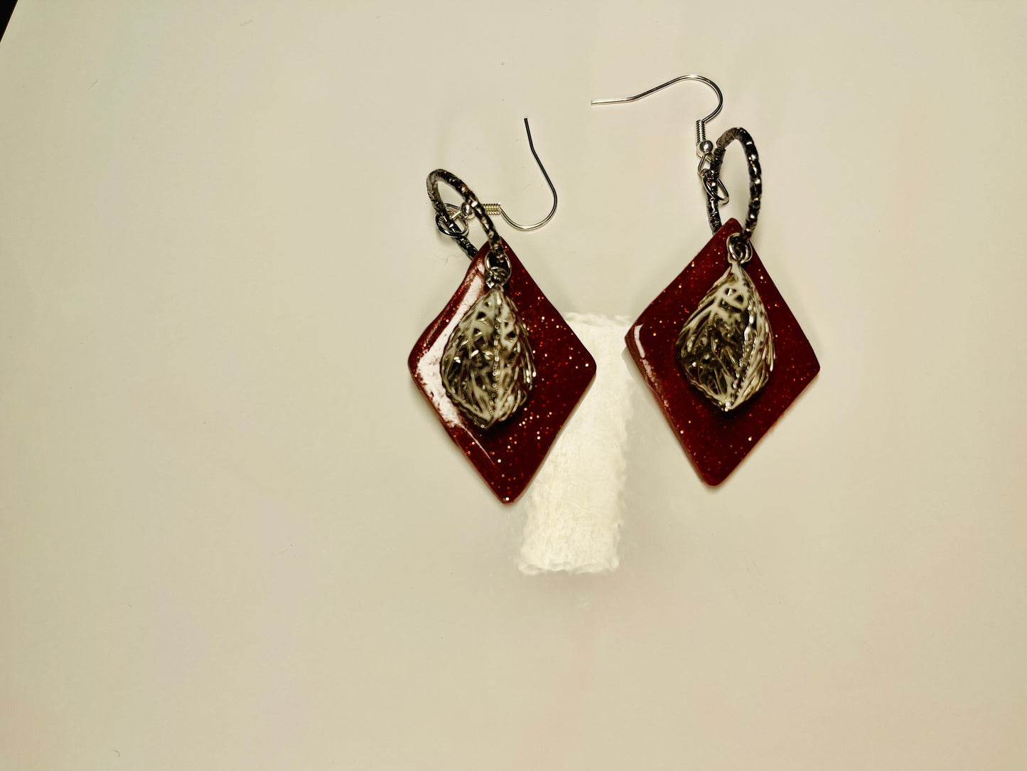 Maroon and Silver Leaves Dangle Earring, Statement Earrings, Polymer Clay, Hypoallergenic, Lightweight, Great Gift for Mom or Friends