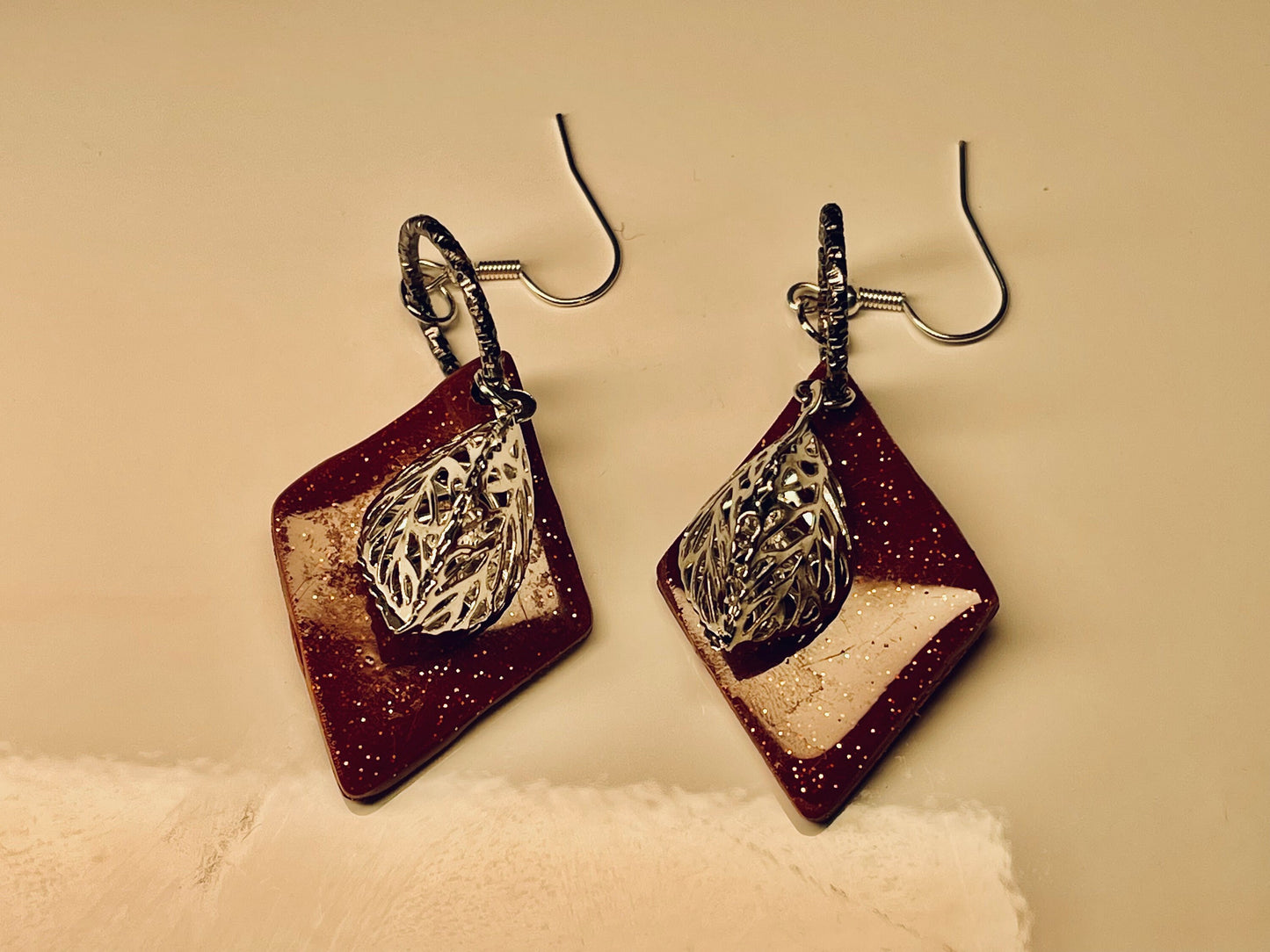 Maroon and Silver Leaves Dangle Earring, Statement Earrings, Polymer Clay, Hypoallergenic, Lightweight, Great Gift for Mom or Friends