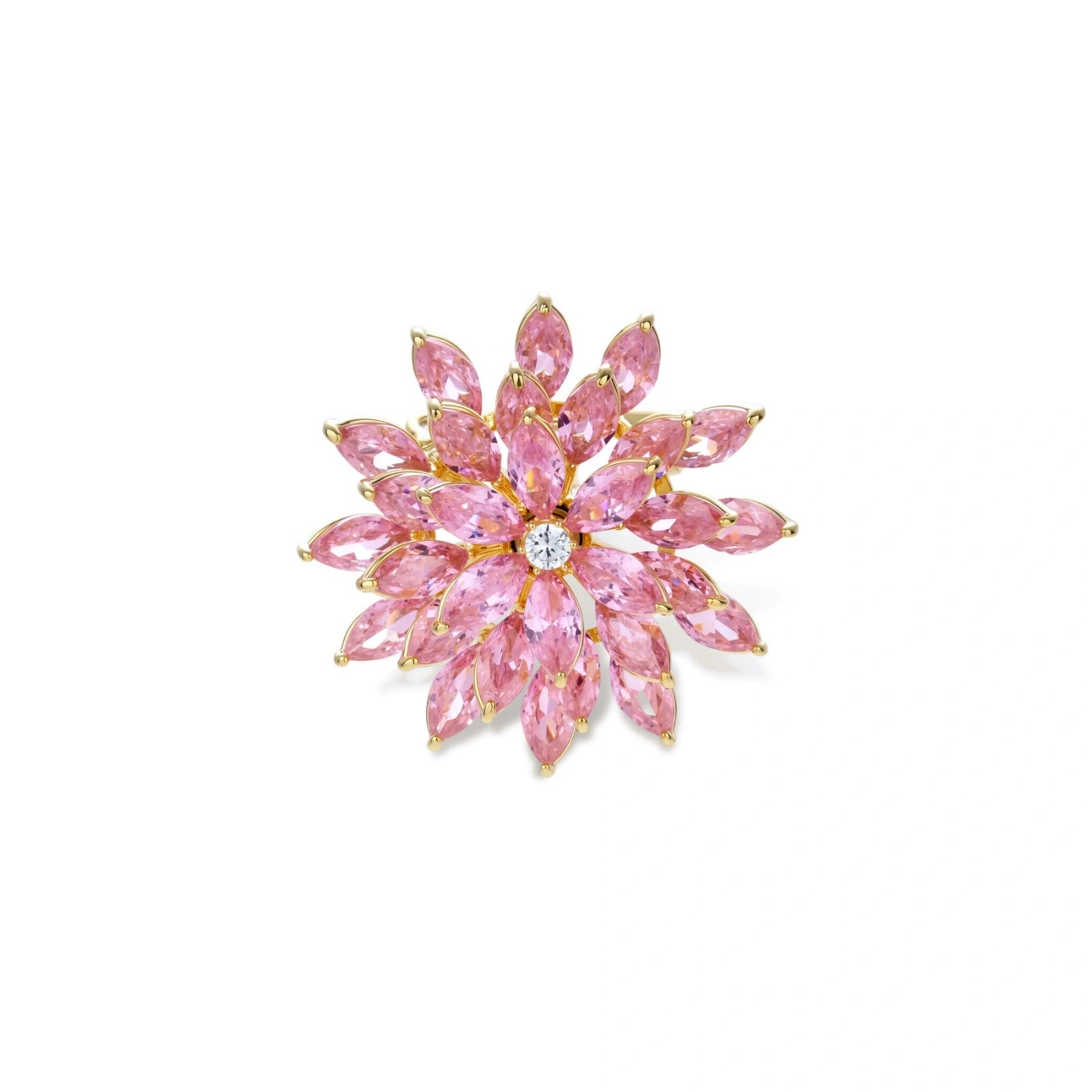 Pink cubic zirconia brooch in floral starburst design with palladium-plated copper setting on white background.