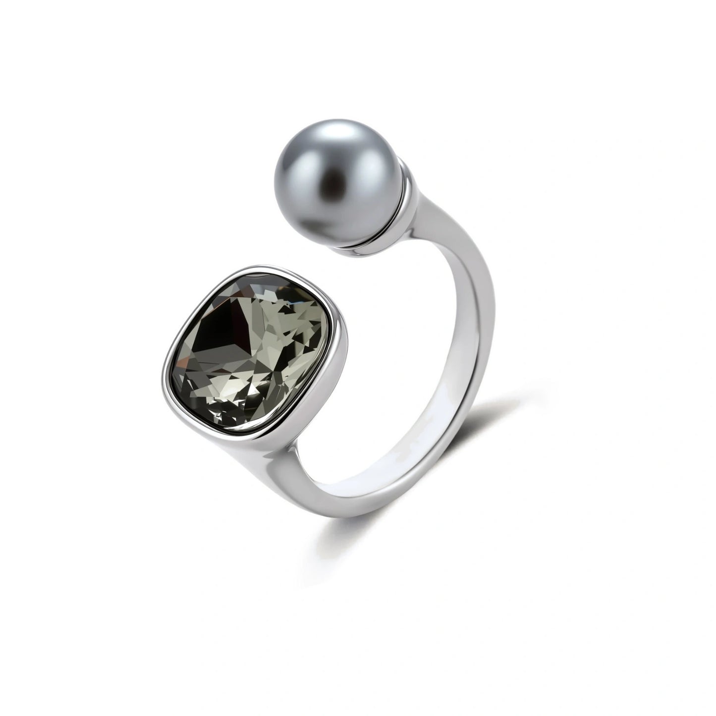 Modern adjustable ring with smoky zircon stone and metallic sphere in platinum-plated copper finish on neutral background.