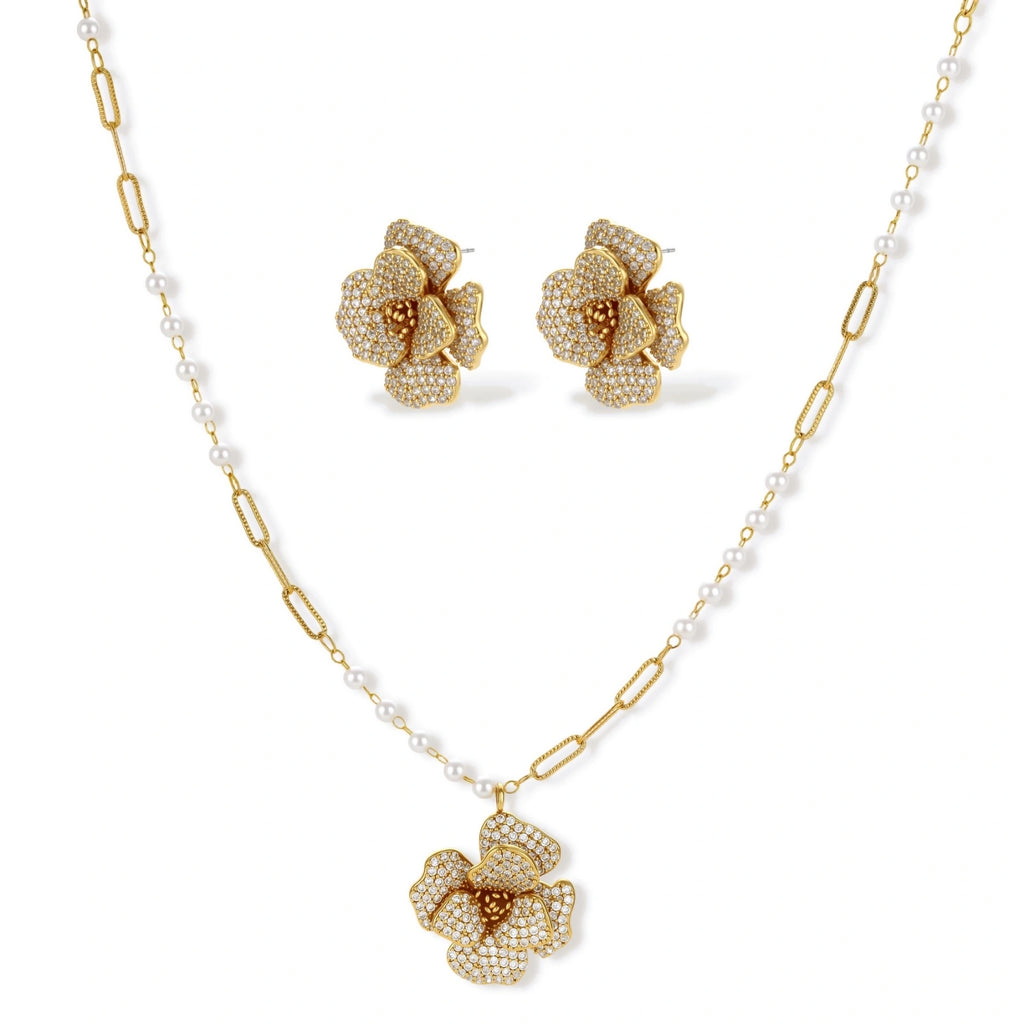 14K gold-plated flower jewelry set with zirconia crystals, featuring dimensional petal necklace and matching earrings