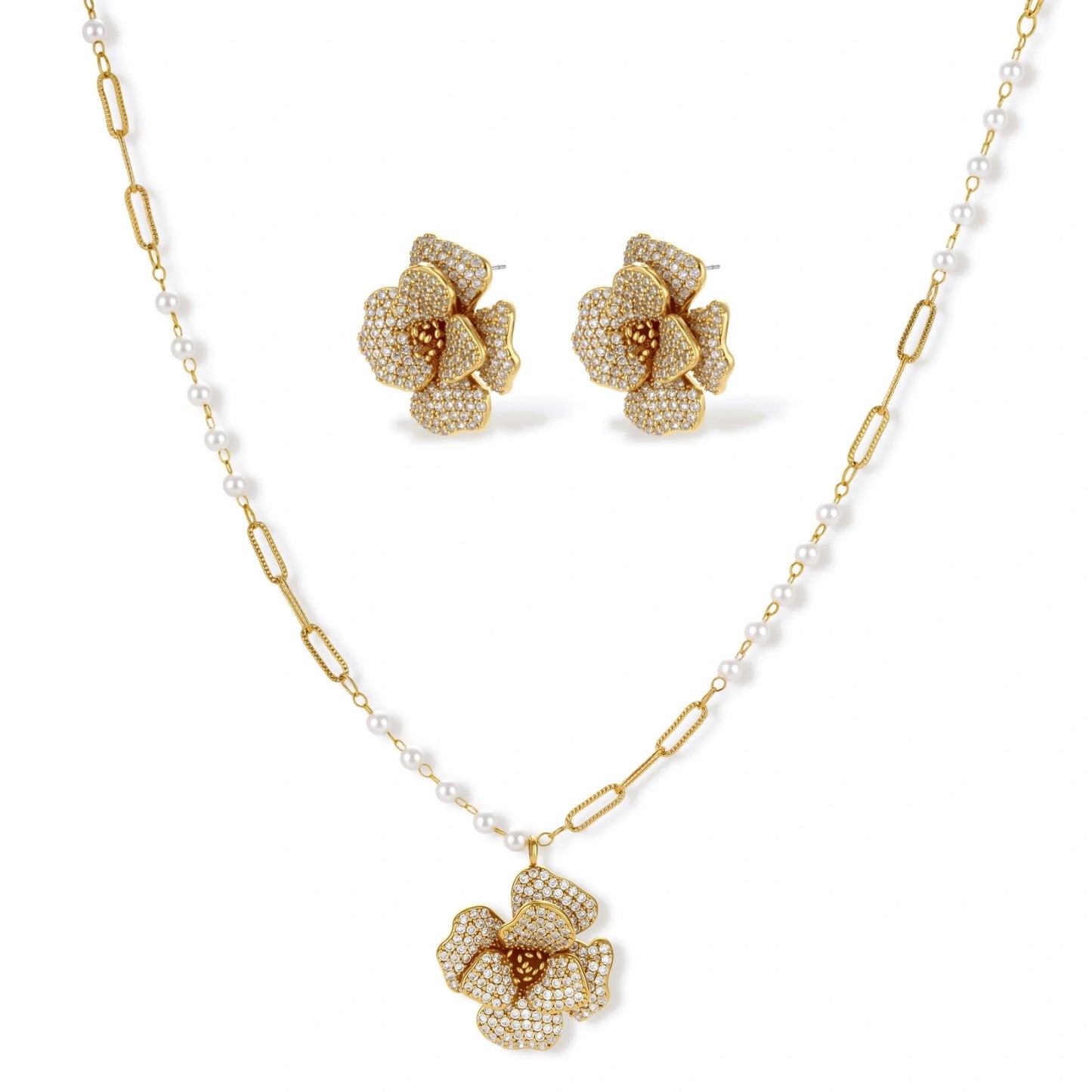 14K gold-plated flower jewelry set with zirconia crystals, featuring dimensional petal necklace and matching earrings