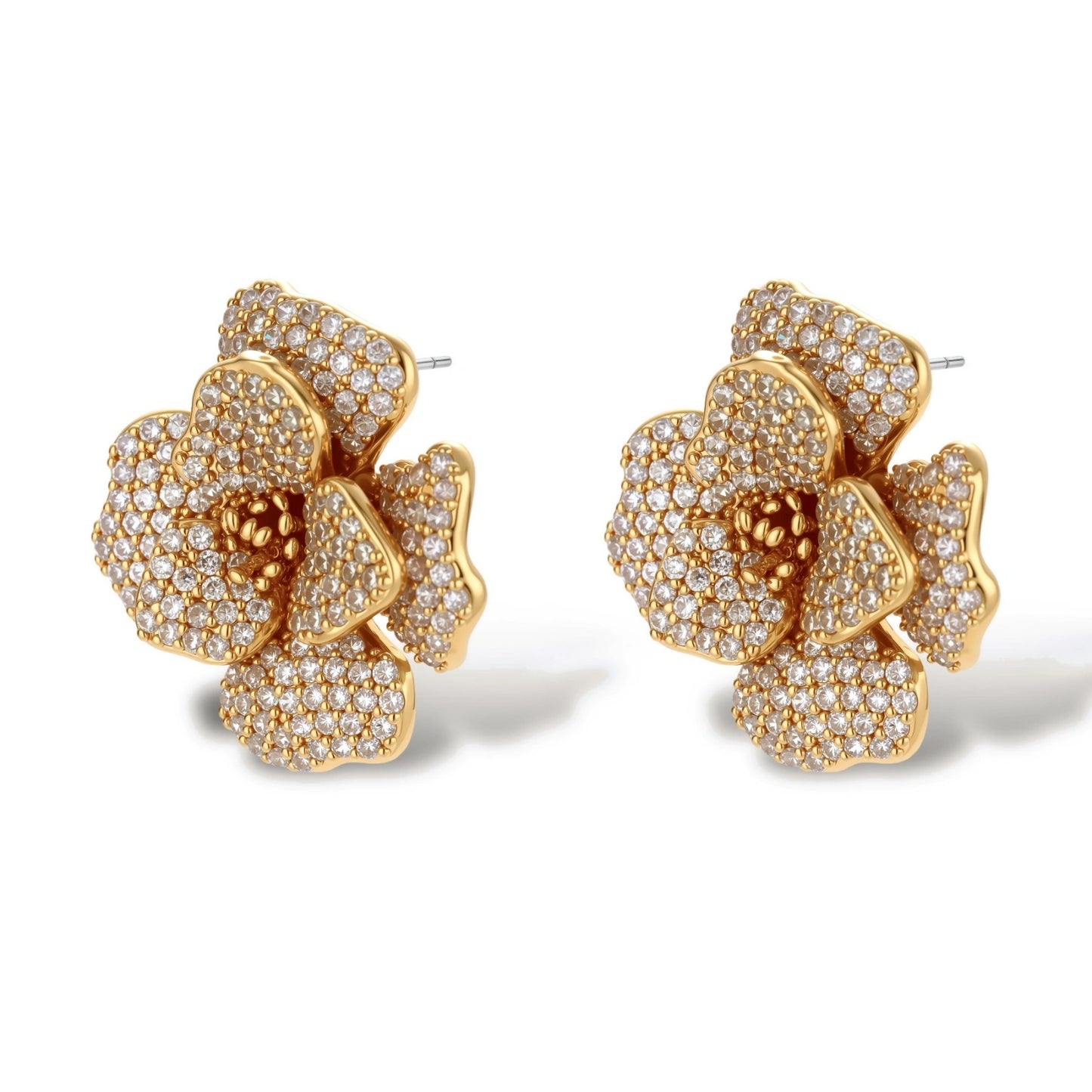 14K gold-plated flower jewelry set with zirconia crystals, featuring dimensional petal necklace and matching earrings