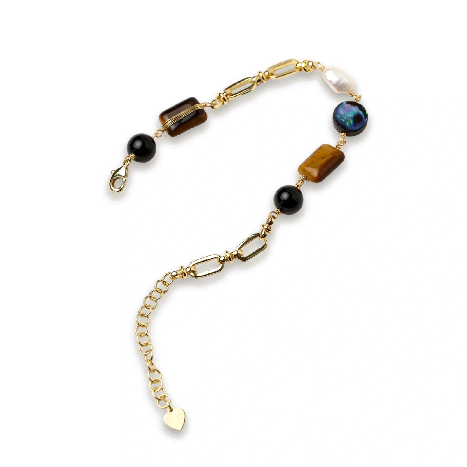 Gold chain bracelet with tiger's eye, obsidian, pearl, and iridescent abalone stones on cream background.