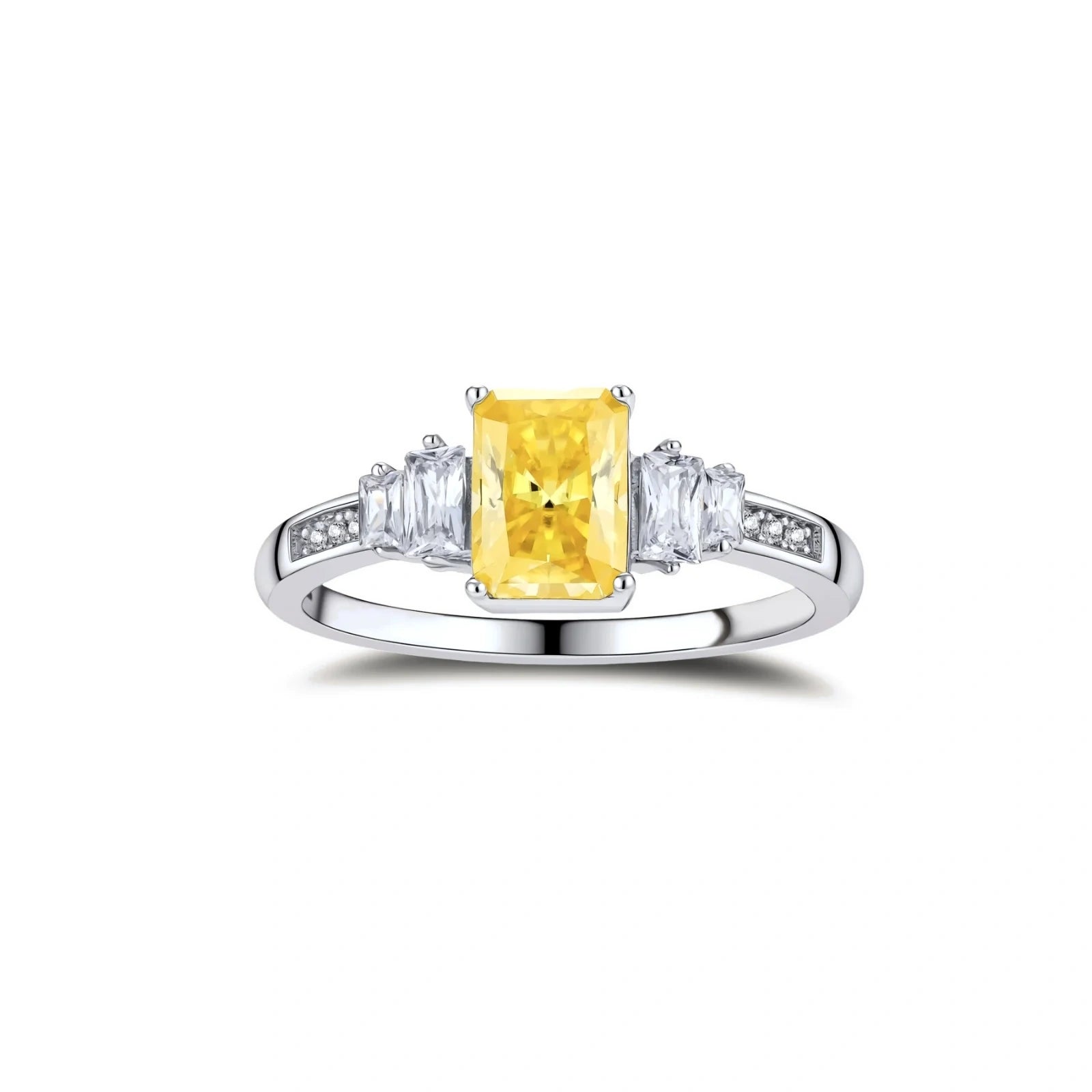 Yellow moissanite jewelry set with emerald-cut stones in sterling silver halo settings on white background.