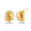 Pair of textured gold-plated sterling silver huggie earrings with dimpled surface finish on cream background.