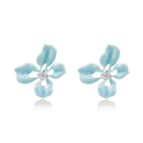 Turquoise enamel flower stud earrings with marbled finish and crystal centers on 18K gold plated brass
