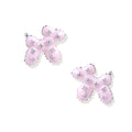 Glossy pink enamel balloon dog stud earrings with crystal details on white gold plated brass, museum-inspired design