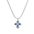 White gold plated cross pendant with blue denim fabric inlays and central zirconia crystal on adjustable chain