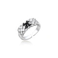 Adjustable white gold plated ring with geometric grid of black and clear zirconia stones in checkerboard pattern