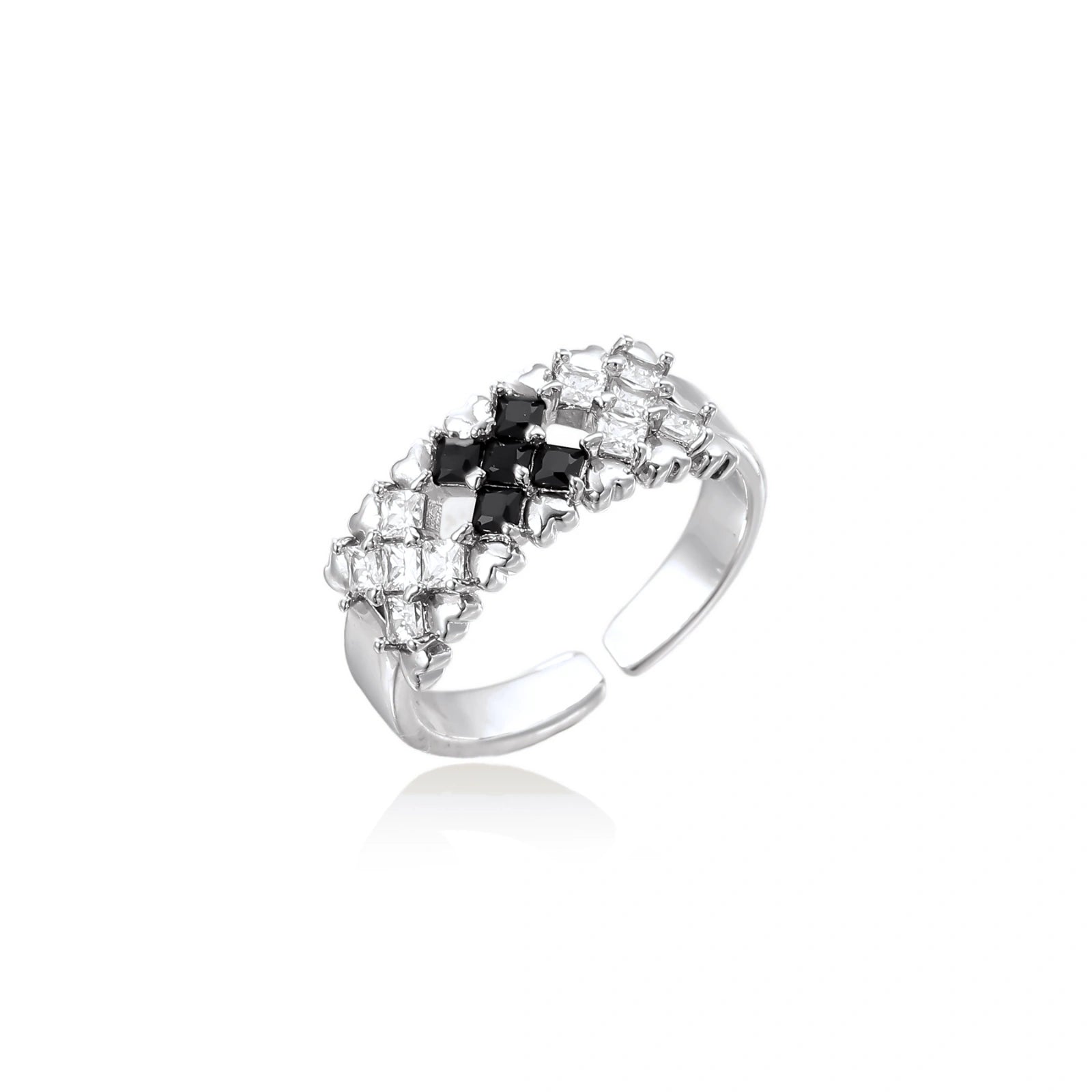 Adjustable white gold plated ring with geometric grid of black and clear zirconia stones in checkerboard pattern