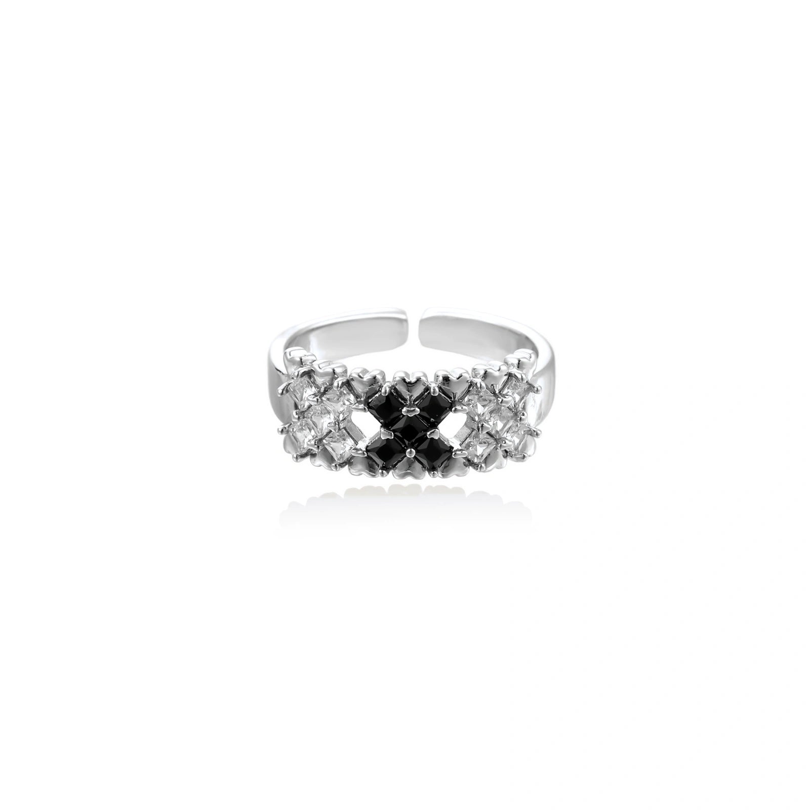 Adjustable white gold plated ring with geometric grid of black and clear zirconia stones in checkerboard pattern