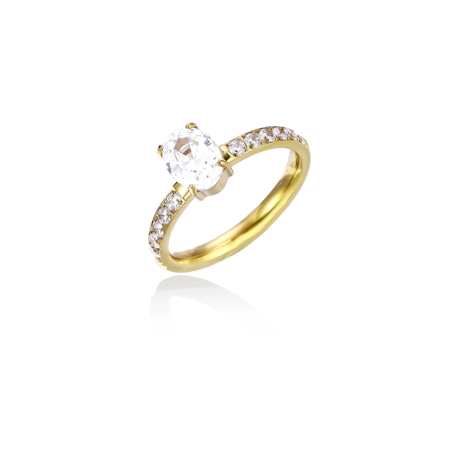 Gold-plated solitaire ring with oval zirconia center stone and pavé band on cream background
