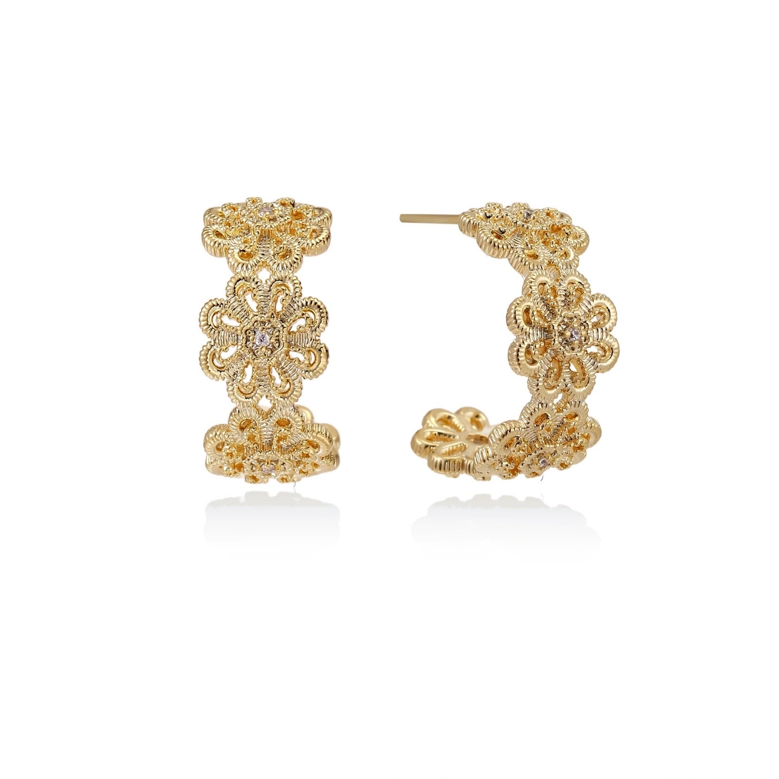 Gold hoop earrings with intricate three-dimensional floral filigree pattern in 14K gold plated brass on cream background