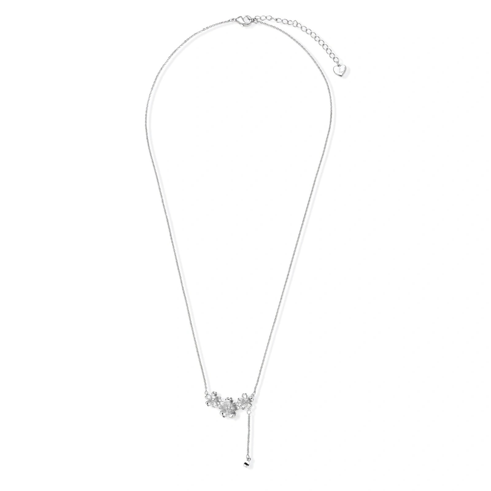 White gold plated Y-shaped necklace with three dimensional flower charms and adjustable drop pendant