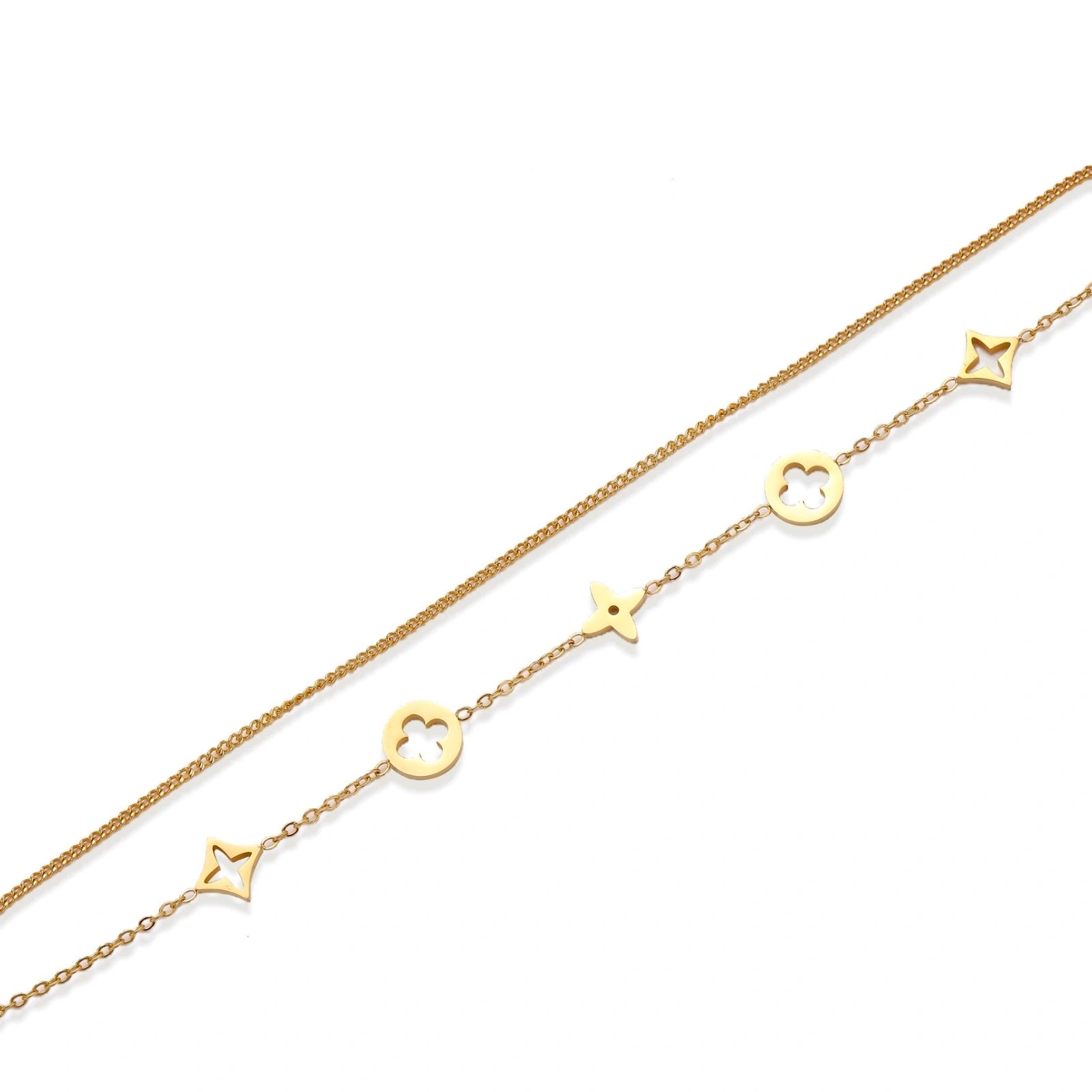 Double-layer gold-plated bracelet with quatrefoil and star charms on cream background, 18K gold finish.
