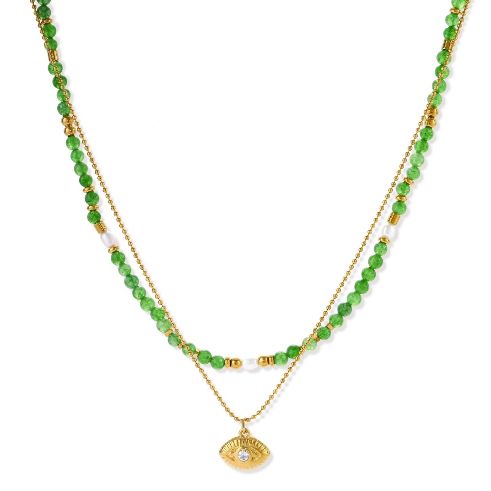 Layered necklace with green stone beads, gold spacers, white accents, and protective eye pendant on cream background.