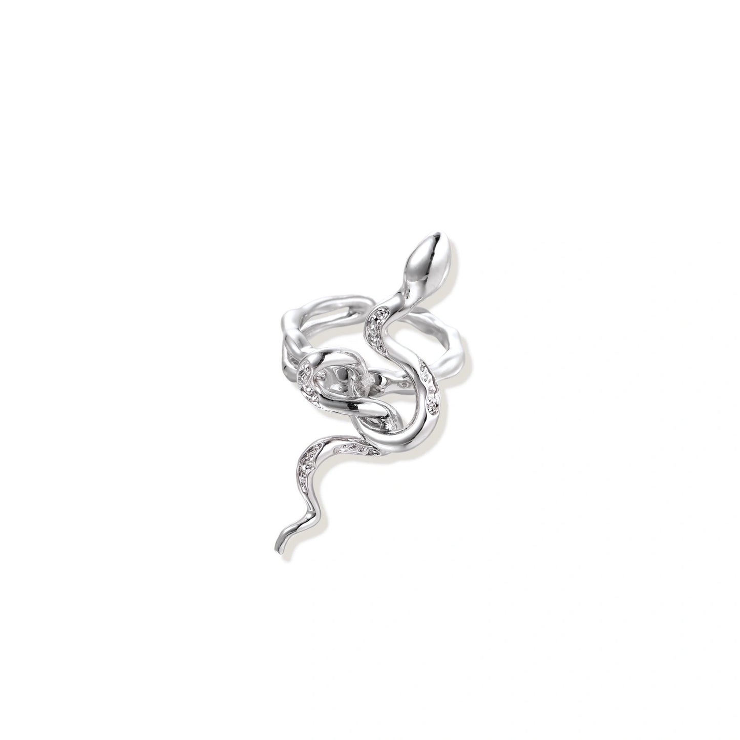 Sculptural white gold-plated snake ring with crystal accents coiling around finger in bold open design