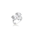 Silver-toned orchid ring with textured petals, pearl center accents, and sparkling zirconia stones on white background.