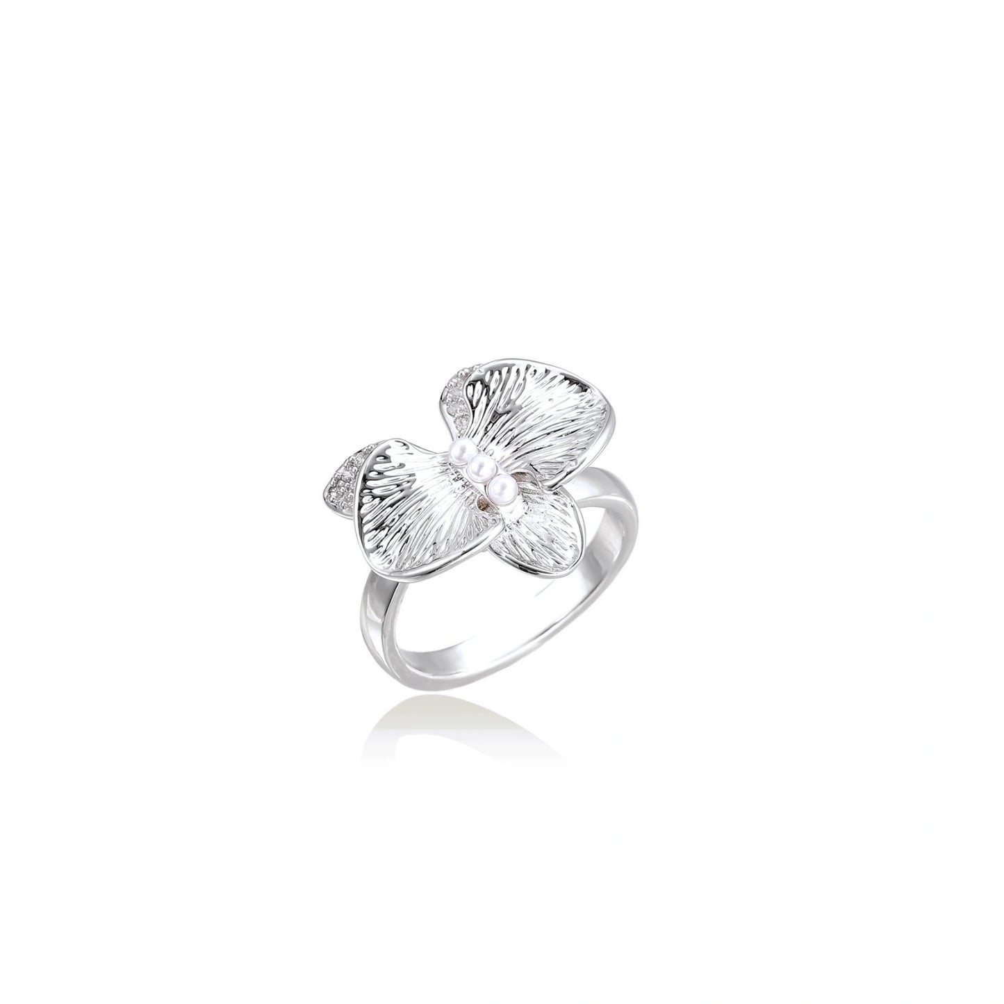 Silver-toned orchid ring with textured petals, pearl center accents, and sparkling zirconia stones on white background.