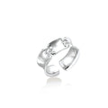Adjustable silver-toned ring with sculptural stitch design across polished white gold-plated brass band