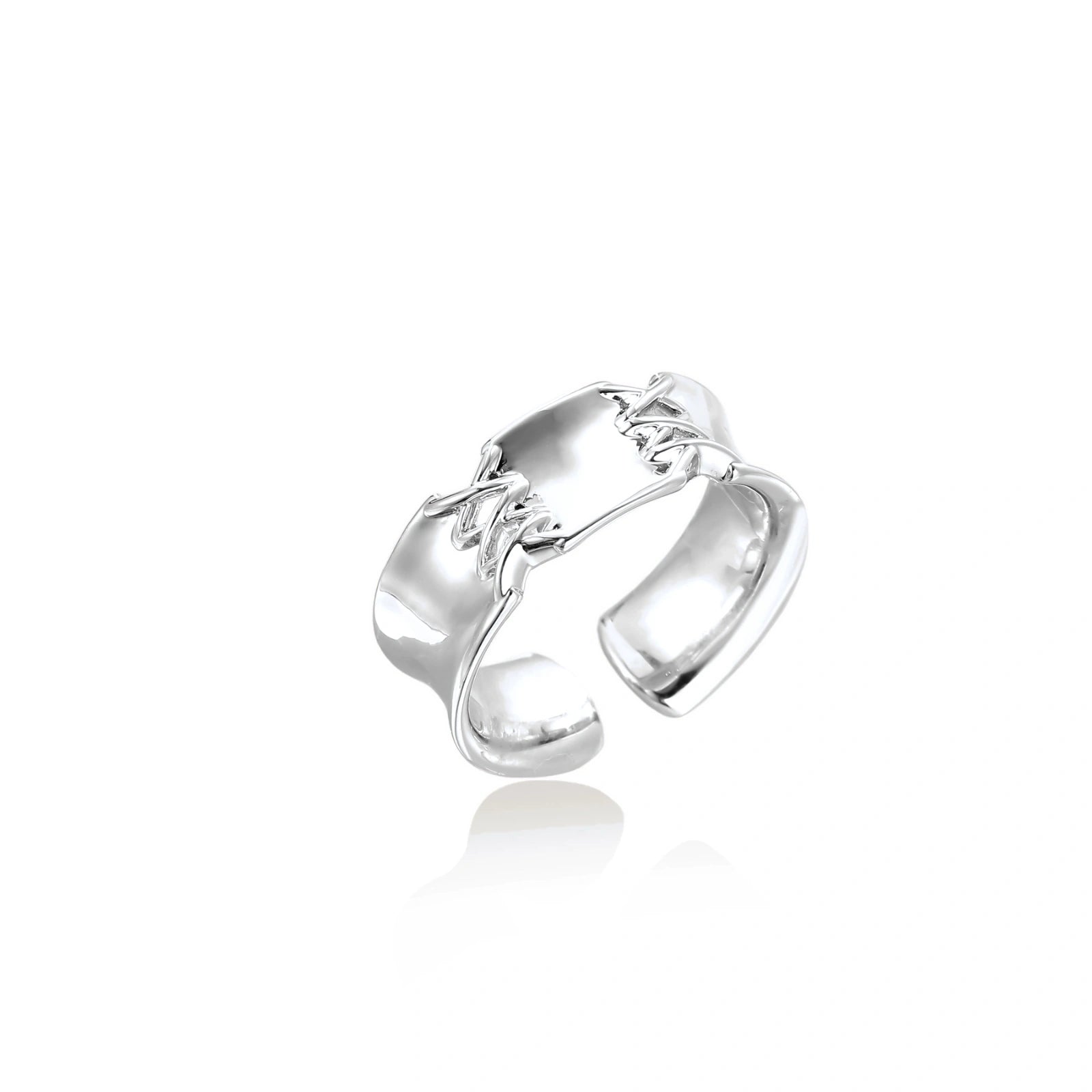 Adjustable silver-toned ring with sculptural stitch design across polished white gold-plated brass band