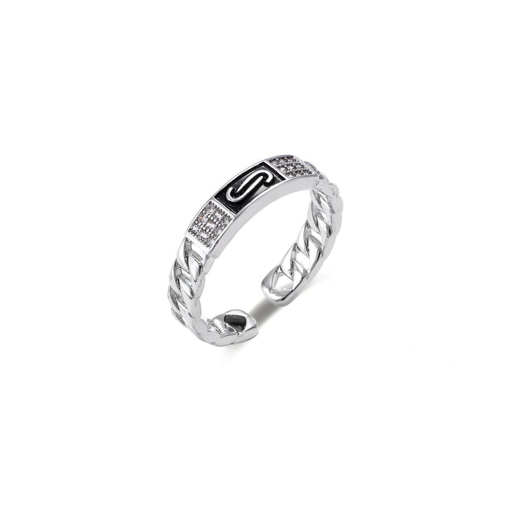 Two adjustable white gold plated rings with chain-link bands, featuring cubic zirconia halo and enamel details