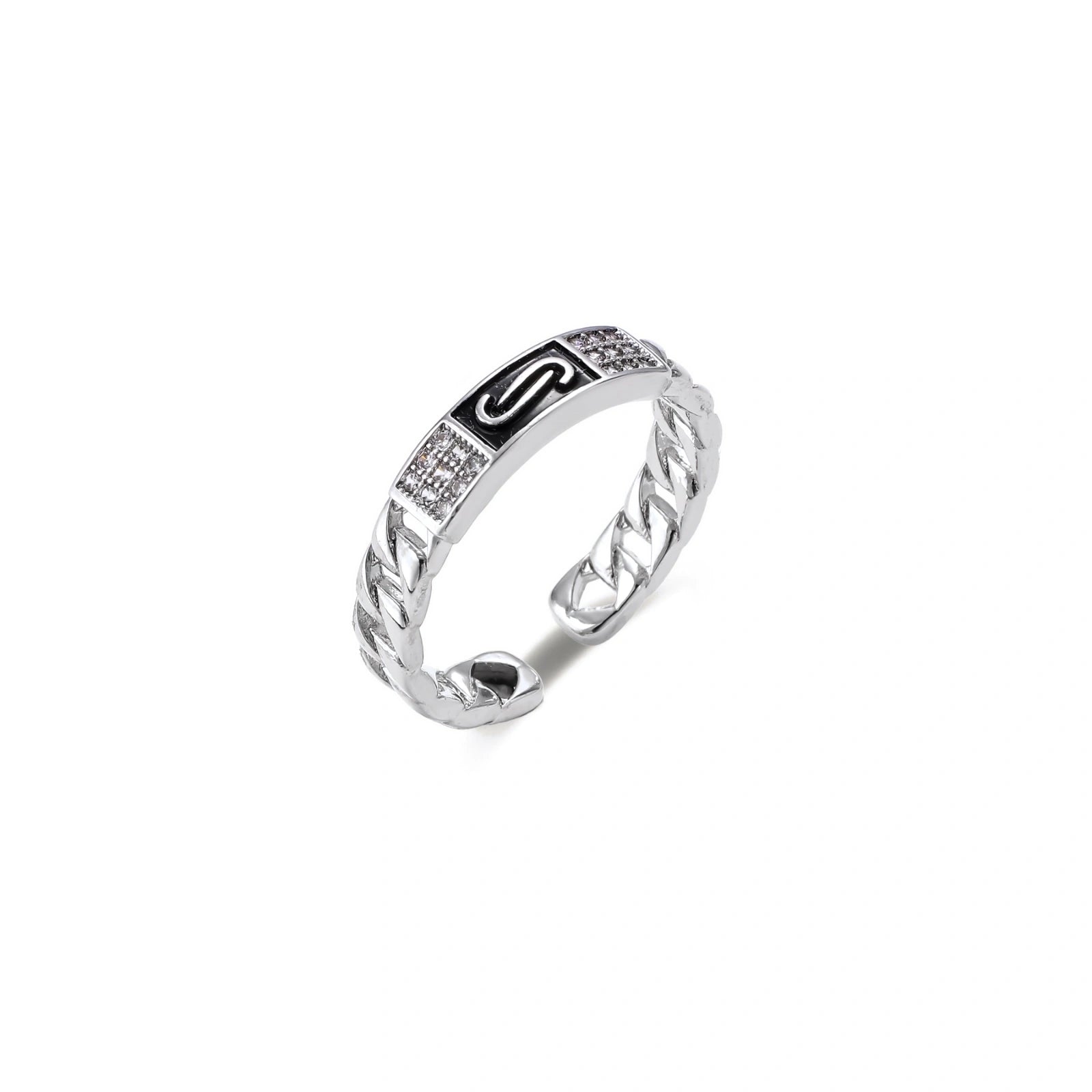 Two adjustable white gold plated rings with chain-link bands, featuring cubic zirconia halo and enamel details
