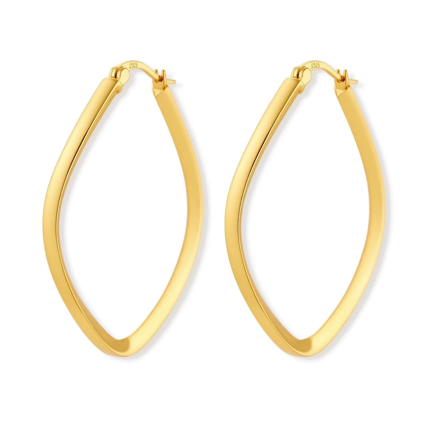 Set of geometric gold-plated sterling silver hoop earrings in oval and cushion shapes on cream background