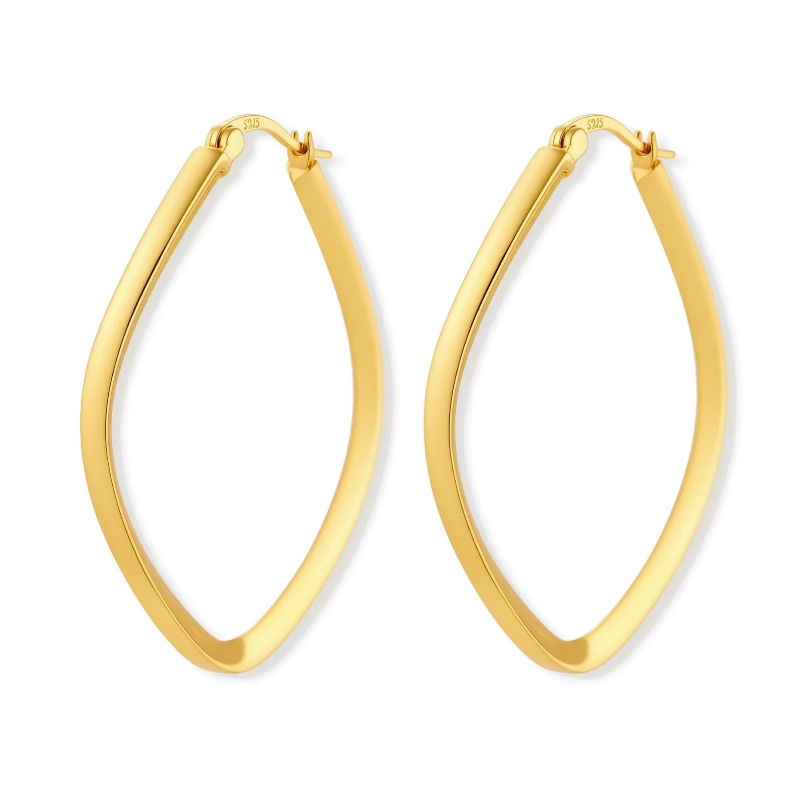 Set of geometric gold-plated sterling silver hoop earrings in oval and cushion shapes on cream background