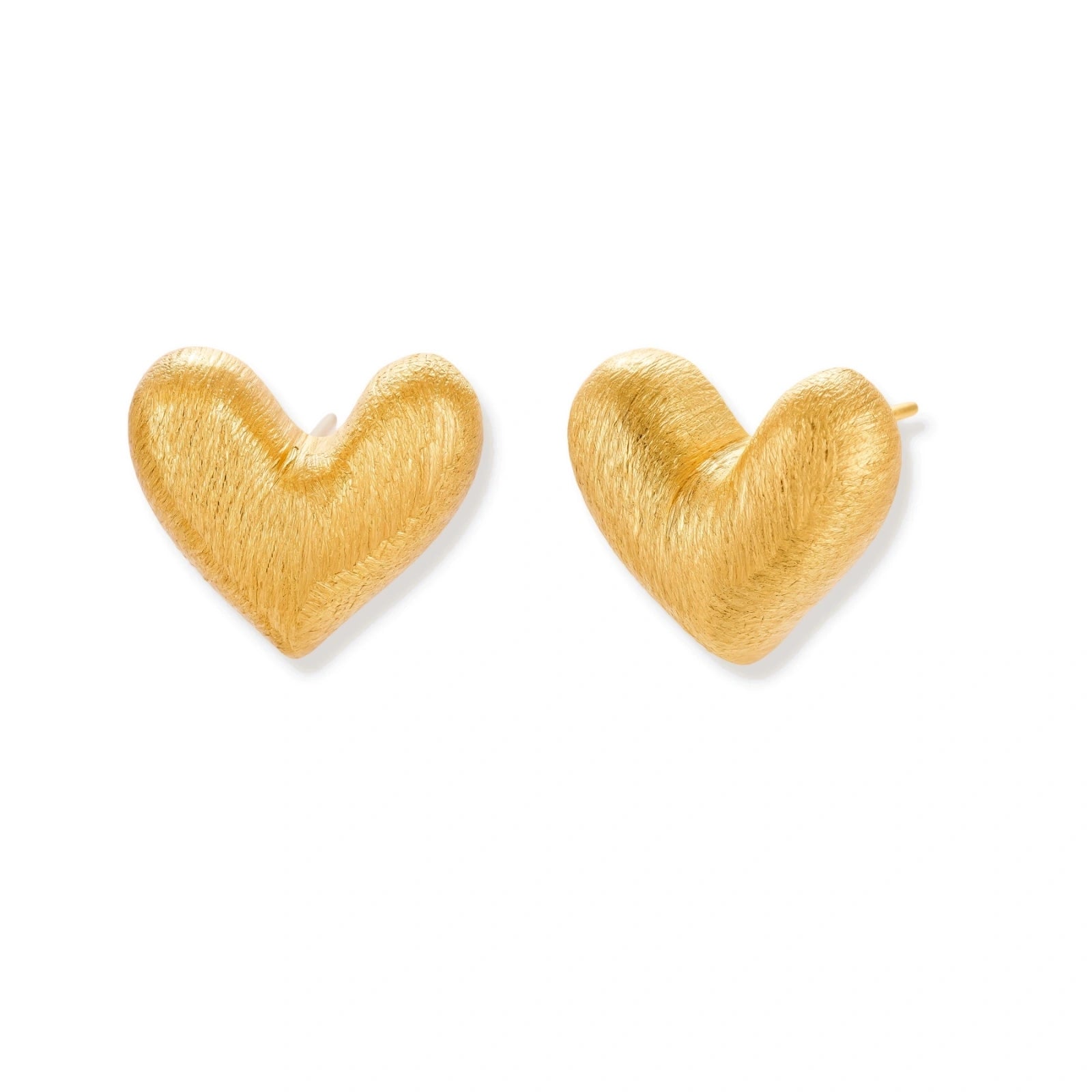 Pair of small heart-shaped stud earrings with brushed metallic finish, showing both silver and gold variants on neutral background.