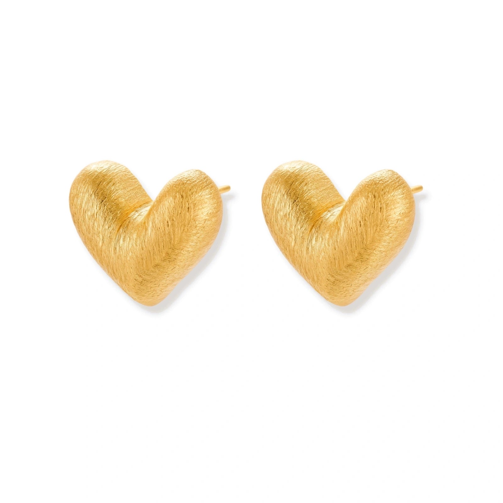 Pair of small heart-shaped stud earrings with brushed metallic finish, showing both silver and gold variants on neutral background.