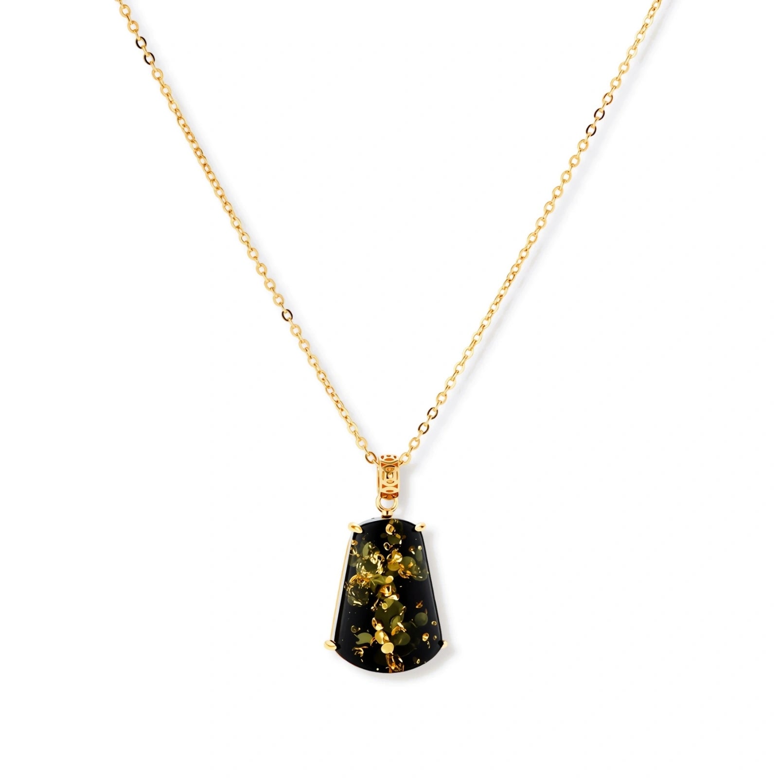 18k gold-plated necklace and earrings with green amber pendants featuring golden inclusions on cream background
