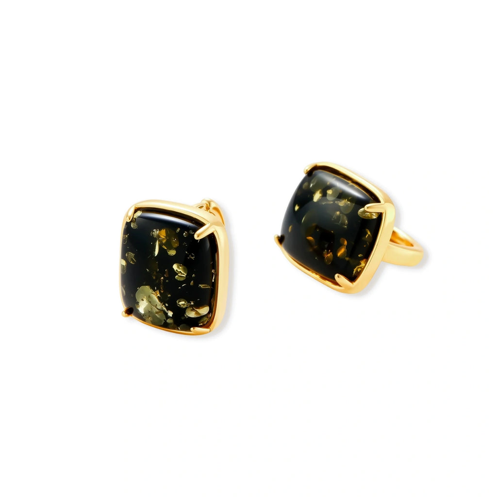 Elegant cushion-cut green amber earrings with golden inclusions in 18K gold-plated sterling silver settings.