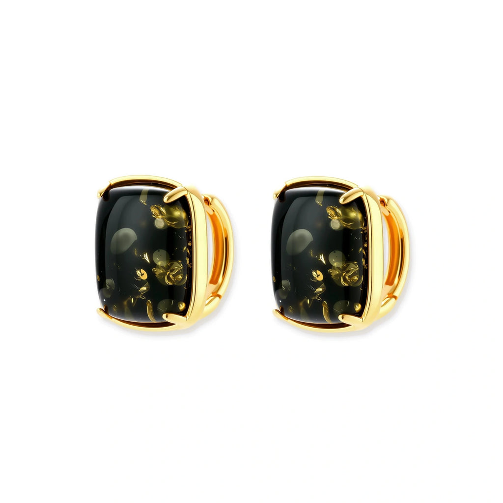 Elegant cushion-cut green amber earrings with golden inclusions in 18K gold-plated sterling silver settings.