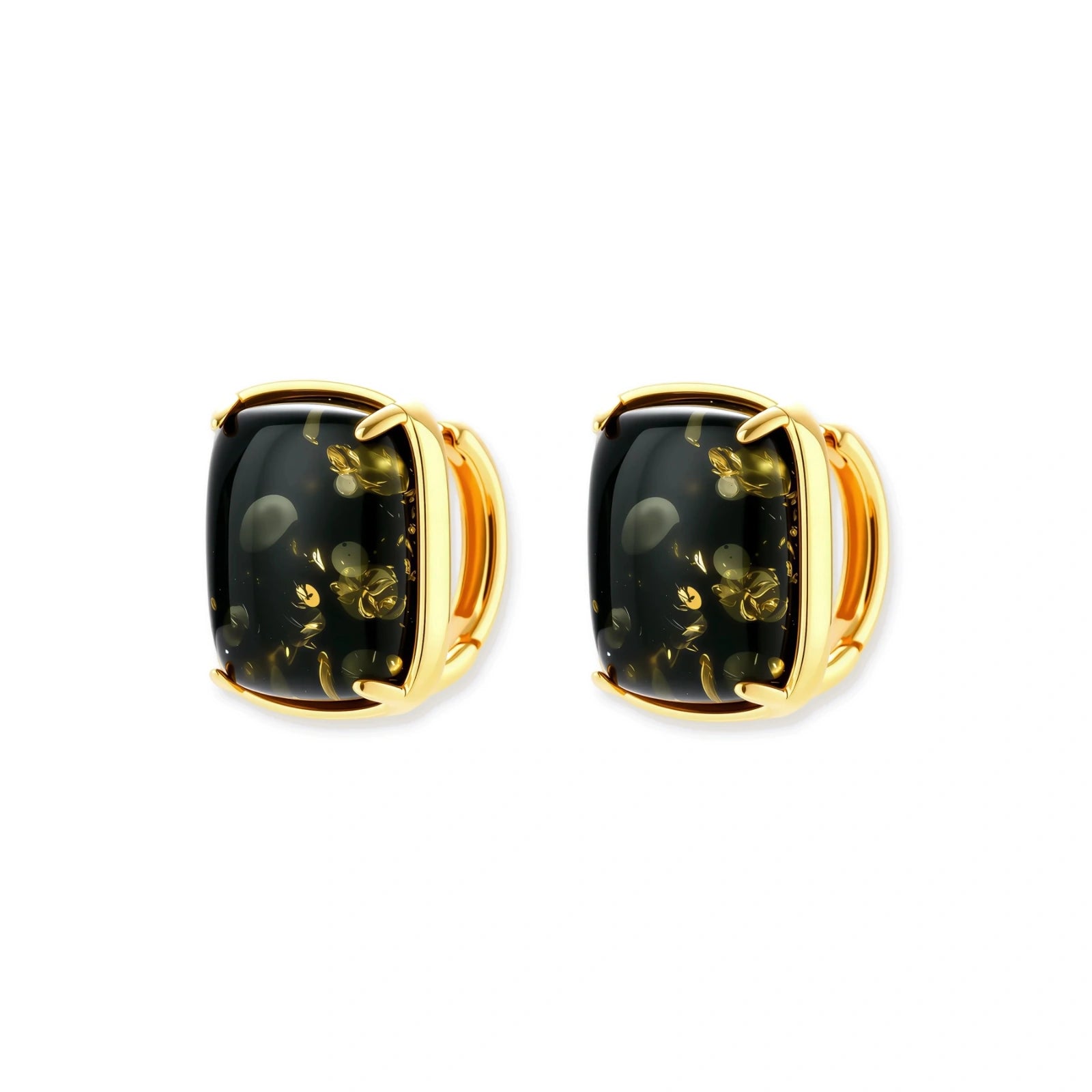 Elegant cushion-cut green amber earrings with golden inclusions in 18K gold-plated sterling silver settings.