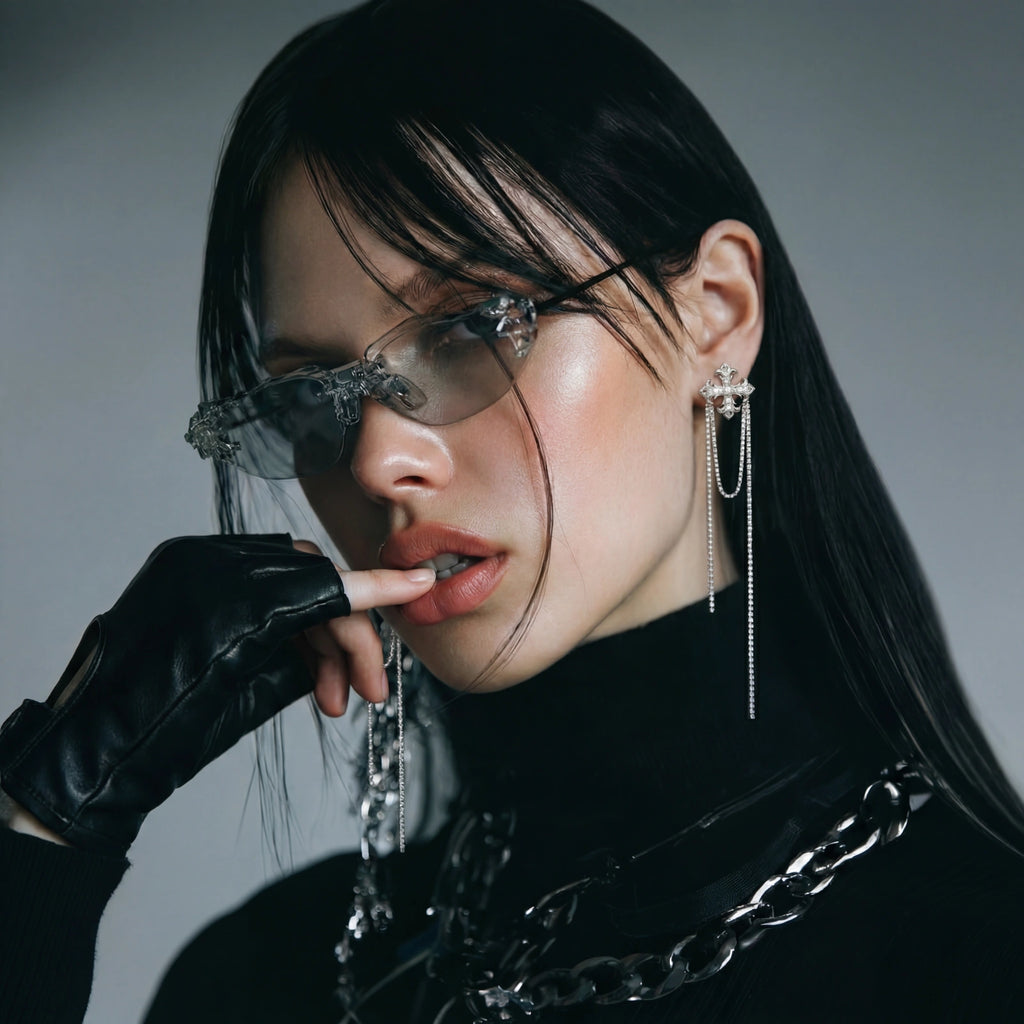 Person wearing black sunglasses, black gloves, and a black outfit with chain details on a gray background