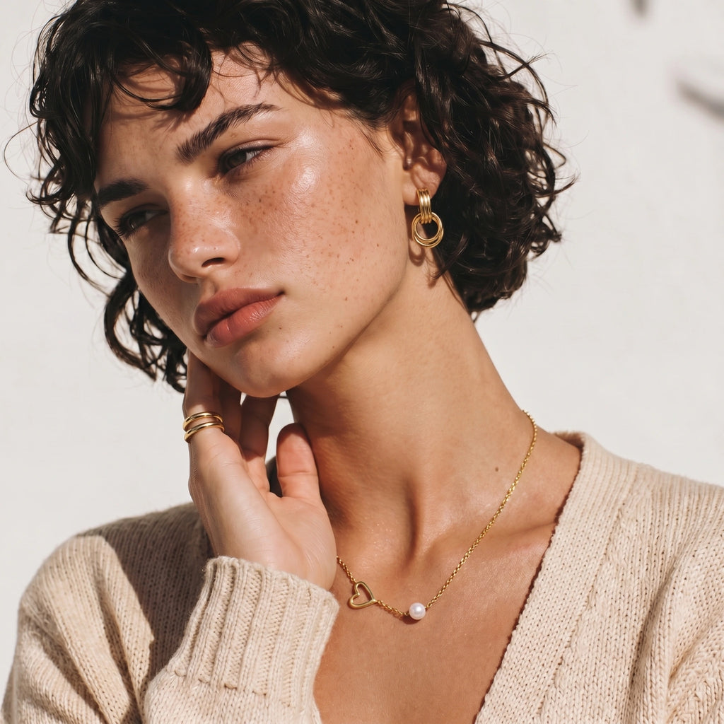 Woman wearing gold jewelry including earrings, necklace, and rings against a neutral background