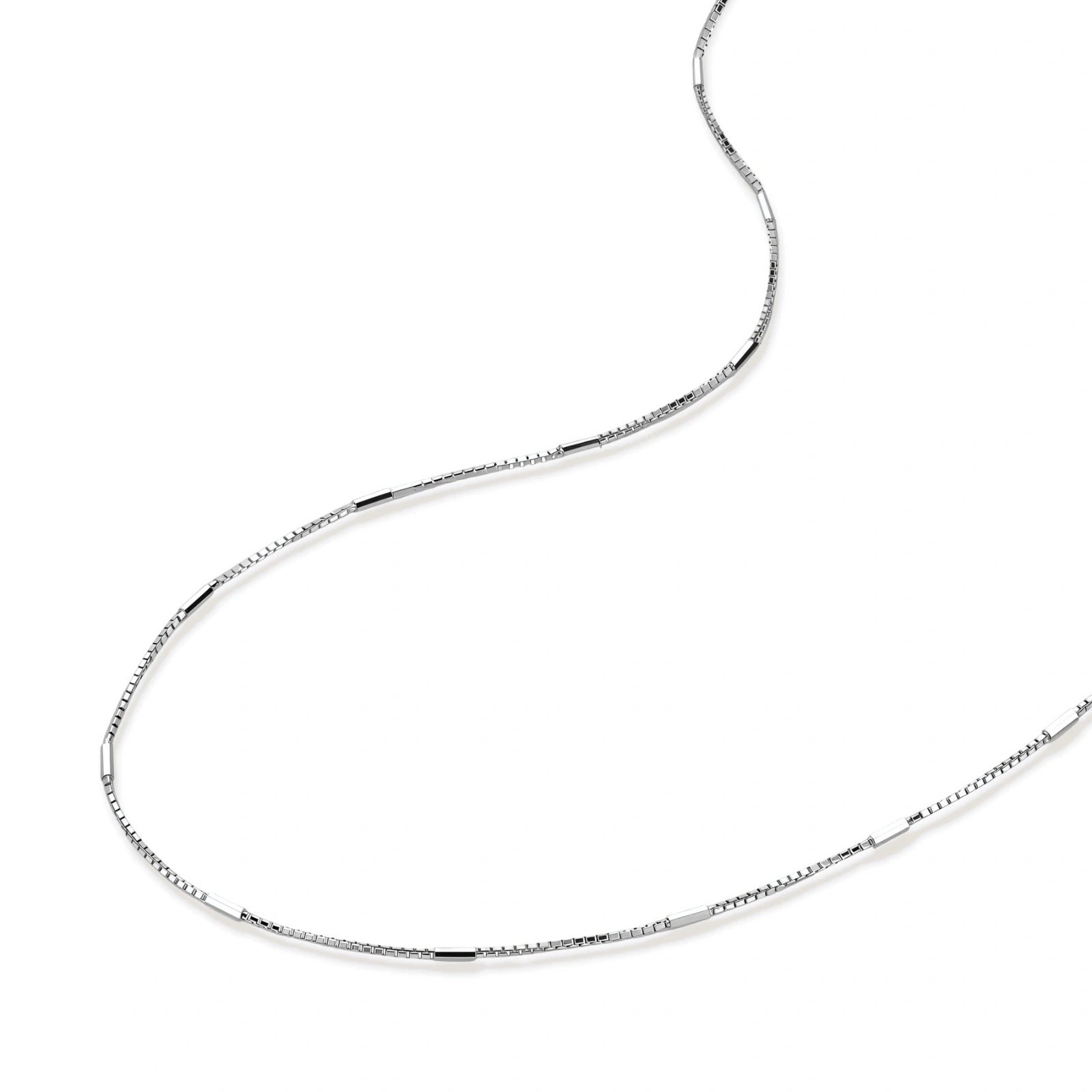 Delicate platinum-plated sterling silver necklace with alternating textured cubic links and smooth chain sections.