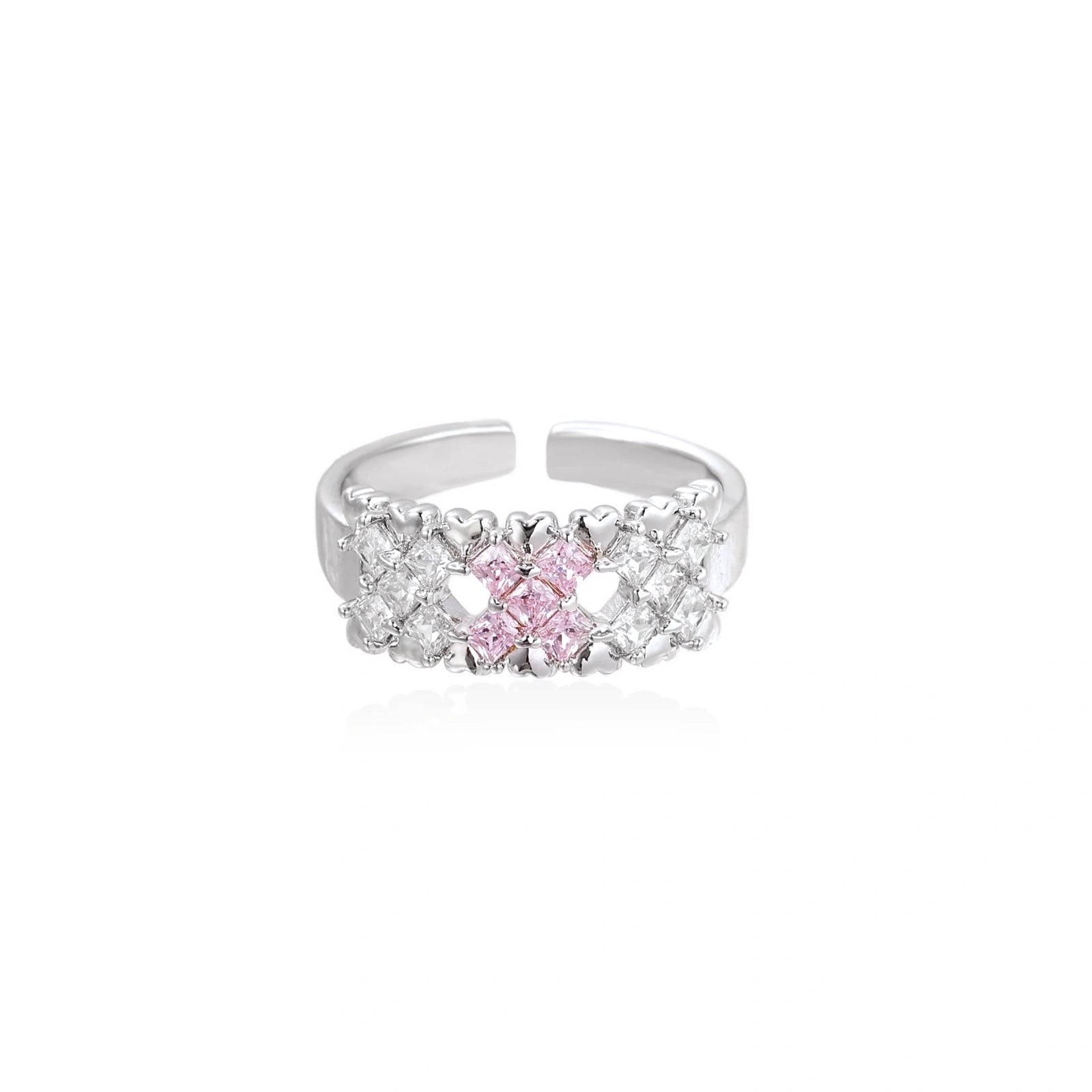 Close-up of an adjustable white gold plated ring featuring a cluster of square-cut clear and pink zirconia stones in geometric arrangement.