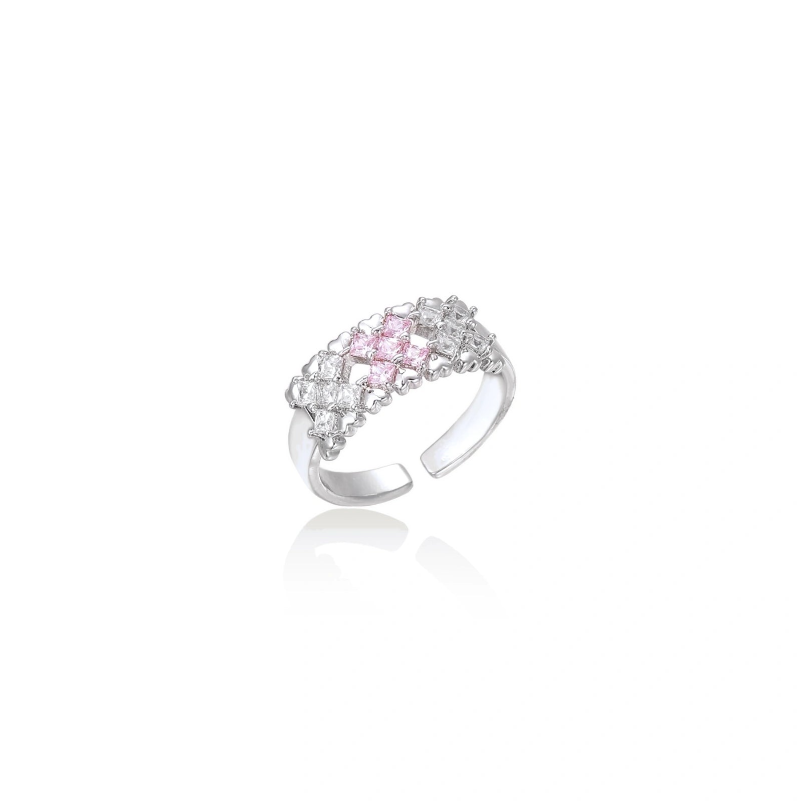 Close-up of an adjustable white gold plated ring featuring a cluster of square-cut clear and pink zirconia stones in geometric arrangement.