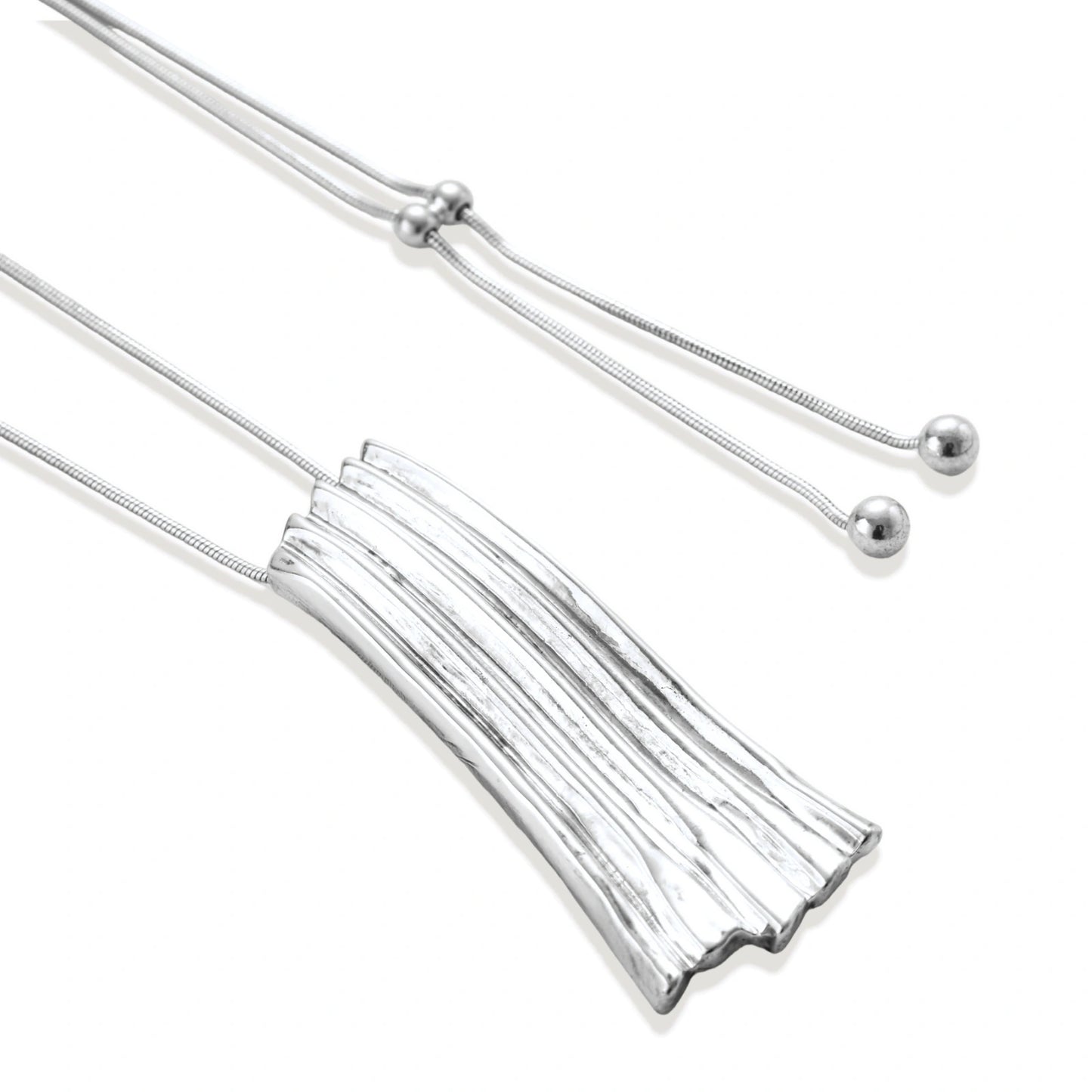 Modern silver necklace with vertical ridged pendant and adjustable chain on white background, eco-friendly zinc alloy construction.