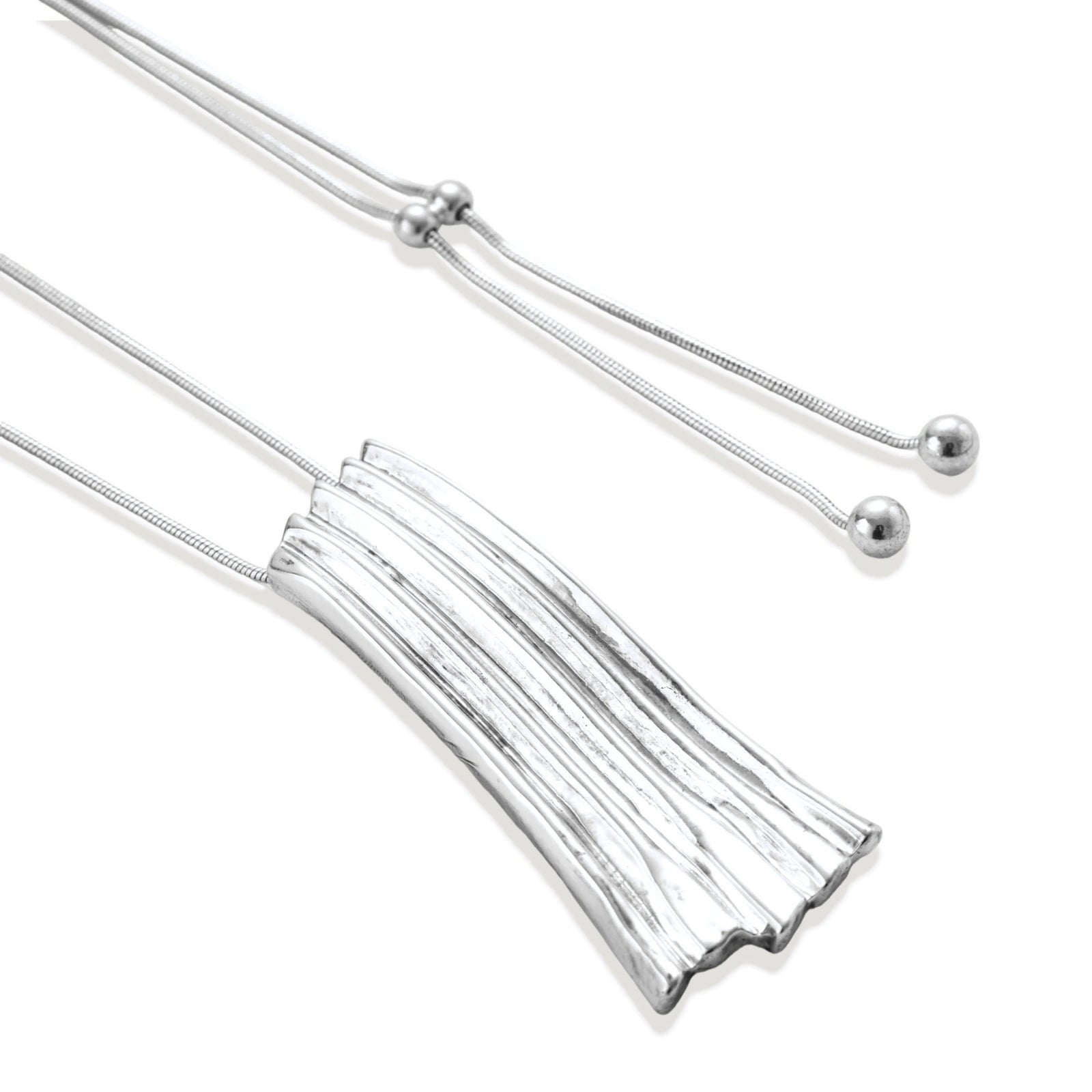 Modern silver necklace with vertical ridged pendant and adjustable chain on white background, eco-friendly zinc alloy construction.