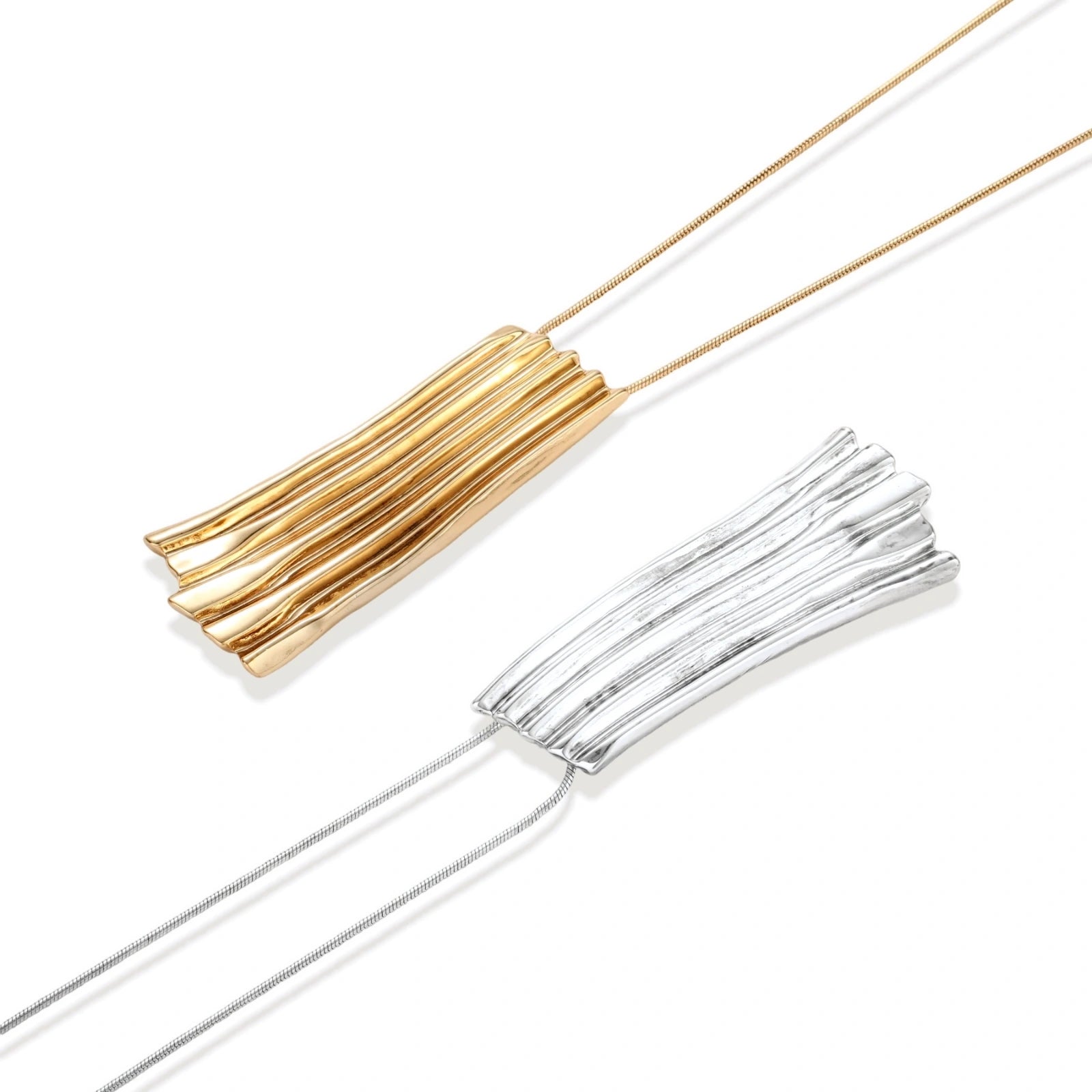 Modern silver necklace with vertical ridged pendant and adjustable chain on white background, eco-friendly zinc alloy construction.