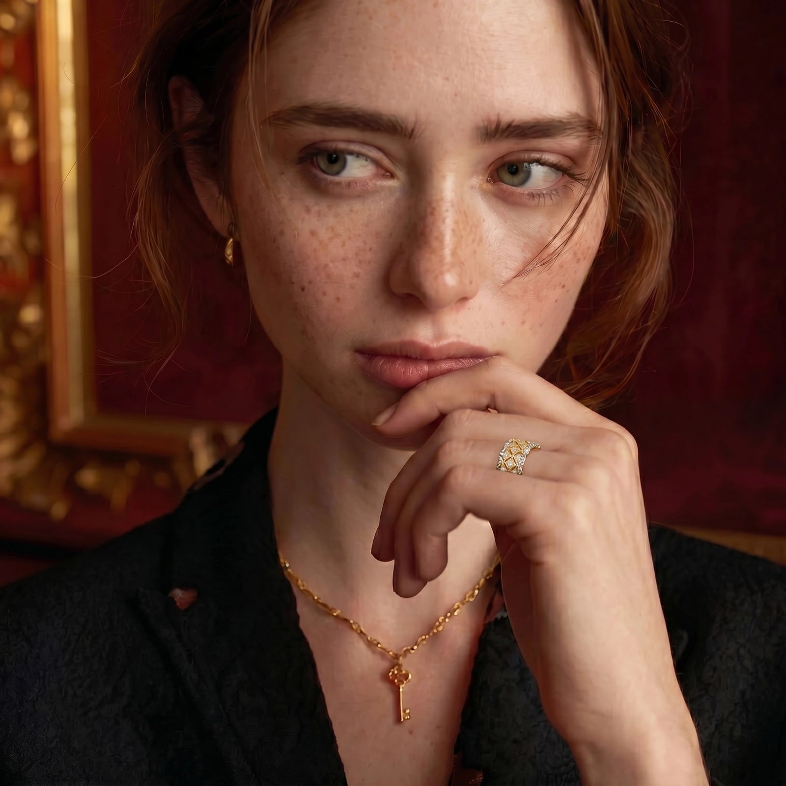 Woman wearing gold jewelry with a warm, rich background
