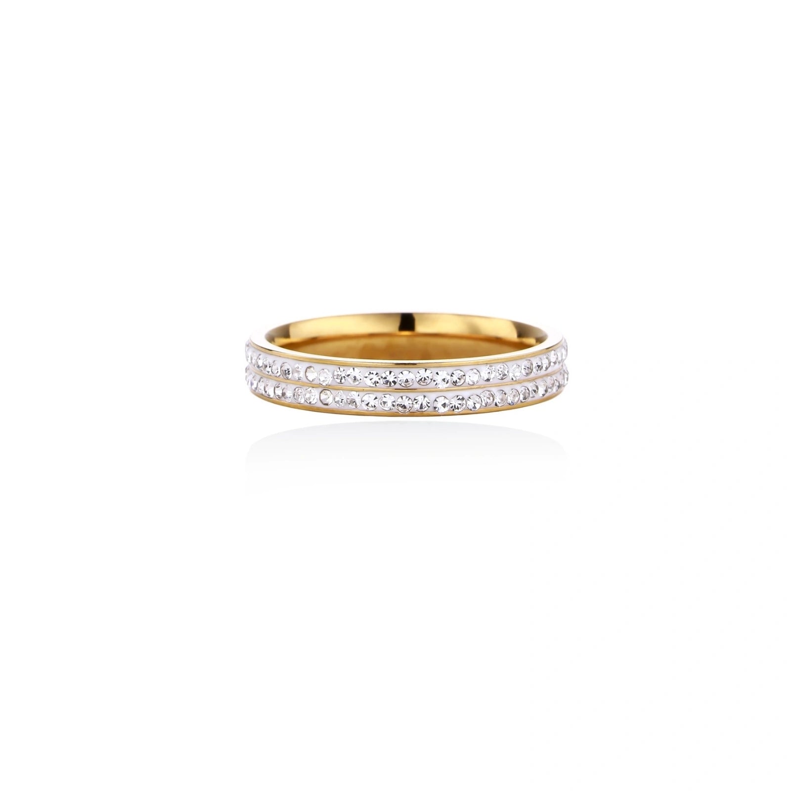 Gold-plated ring with two rows of clear rhinestones on white background