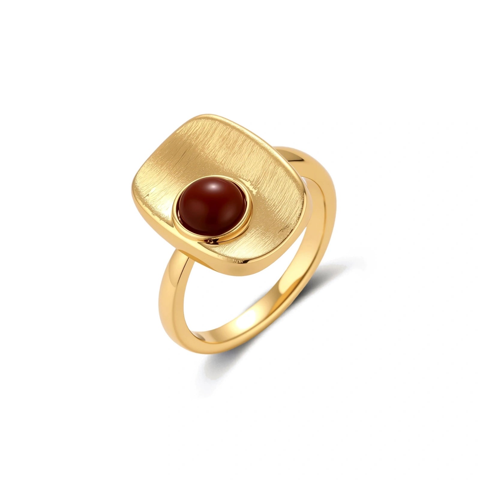 Close-up of brushed 18K gold-plated ring featuring red nanhong stone in geometric square setting with adjustable band