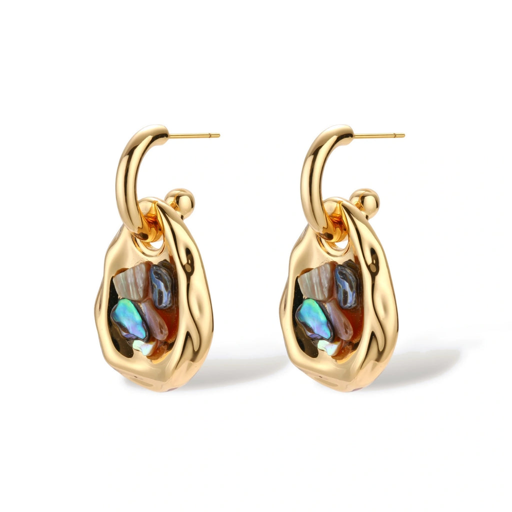 Gold-plated convertible hoop earrings with iridescent shell mosaic pendants, shown assembled and separated on cream background.